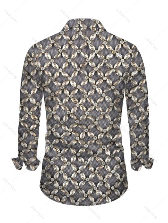 Men's Party Vintage Shirt Rhinestone Lattice Print Button Up Long Sleeve Shirt - Gris S