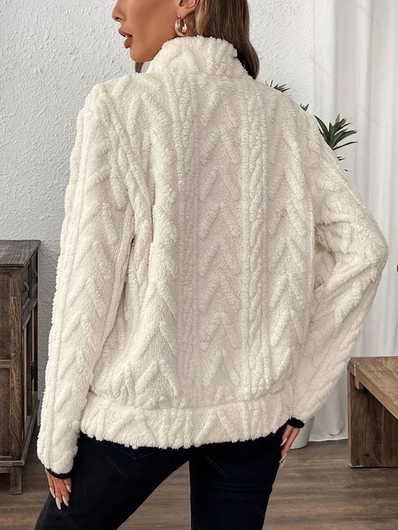 Winter Sweatshirt Jacquard Half Zip Fleece Pocket Long Sleeve Sweatshirt - Blanc S | US 4