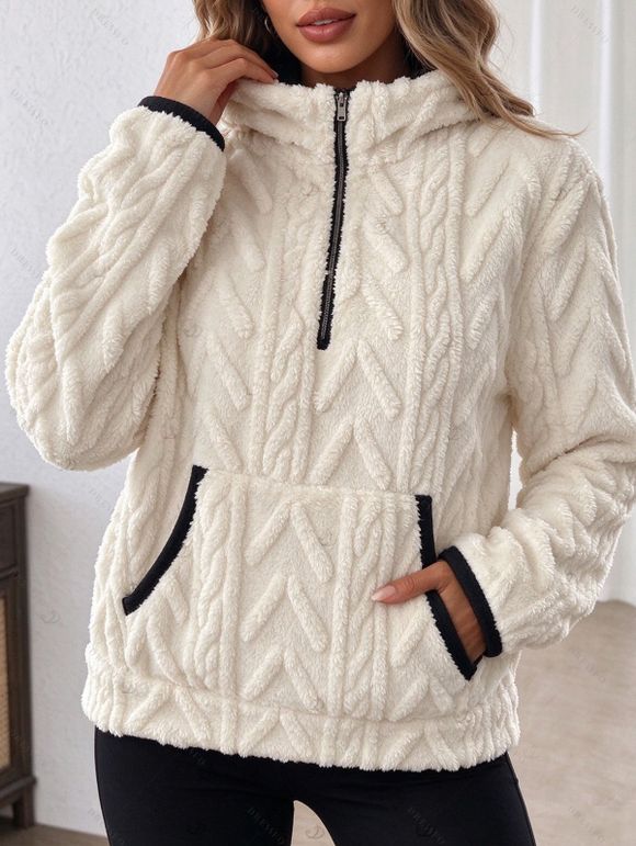 Winter Sweatshirt Jacquard Half Zip Fleece Pocket Long Sleeve Sweatshirt - Blanc S | US 4