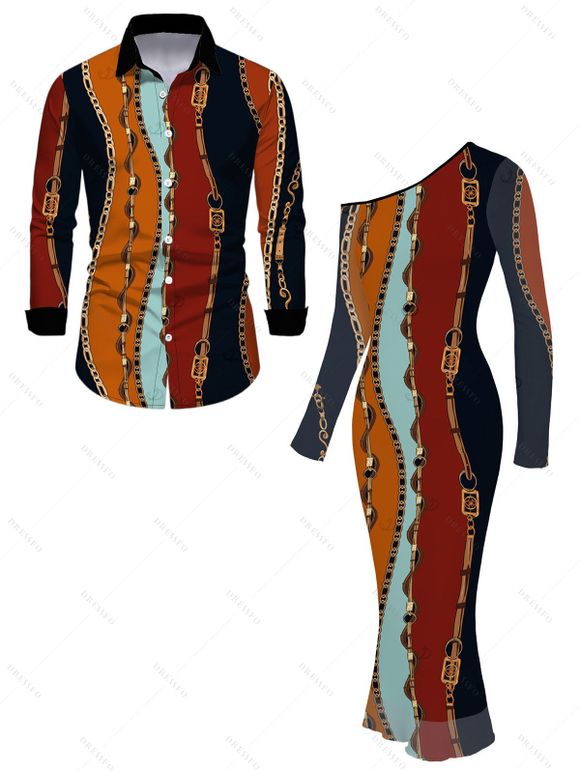 Vintage Couple Outfit Colorblock Vertical Stripe Chain Print Mesh Panel Skew Neck Bodycon Dress and Long Sleeve Shirt Set - multicolor A S | US 4