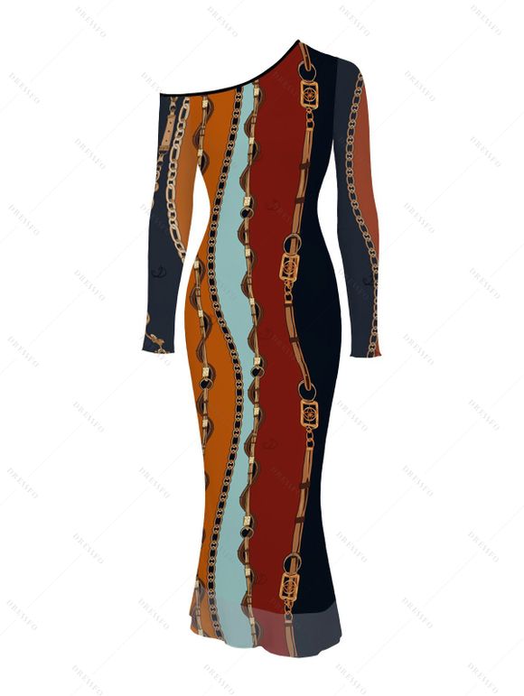 Vintage Couple Outfit Colorblock Vertical Stripe Chain Print Mesh Panel Skew Neck Bodycon Dress and Long Sleeve Shirt Set - multicolor A S | US 4