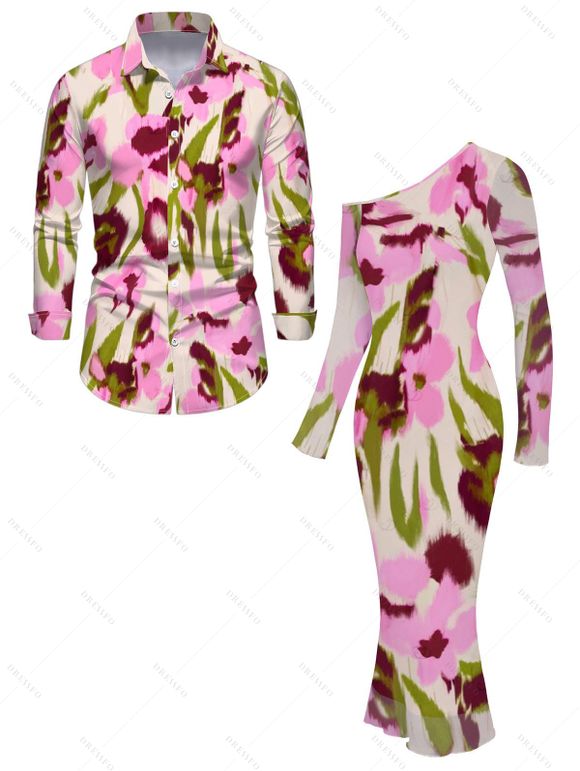 Vintage Vacation Couple Outfit Ink Painting Floral Print Mesh Panel Skew Neck Bodycon Dress and Long Sleeve Shirt Set - Rose S | US 4