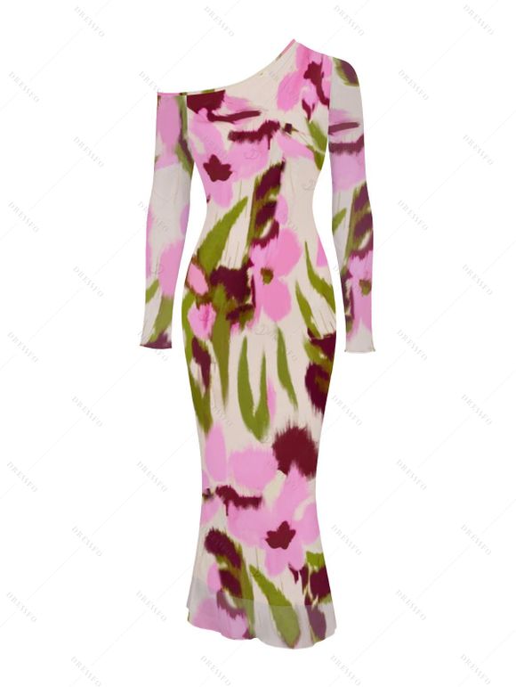 Vintage Vacation Couple Outfit Ink Painting Floral Print Mesh Panel Skew Neck Bodycon Dress and Long Sleeve Shirt Set - Rose S | US 4