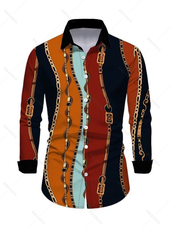 Vintage Couple Outfit Colorblock Vertical Stripe Chain Print Mesh Panel Skew Neck Bodycon Dress and Long Sleeve Shirt Set - multicolor A S | US 4