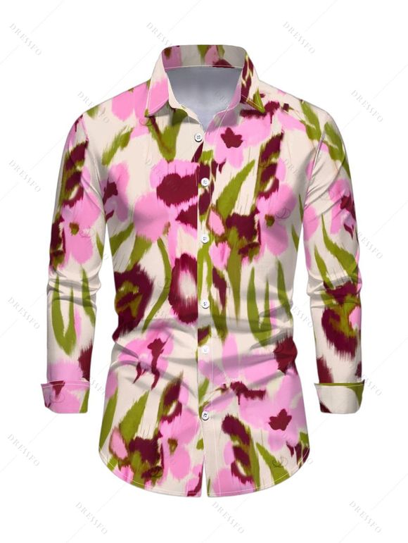 Vintage Vacation Couple Outfit Ink Painting Floral Print Mesh Panel Skew Neck Bodycon Dress and Long Sleeve Shirt Set - Rose S | US 4