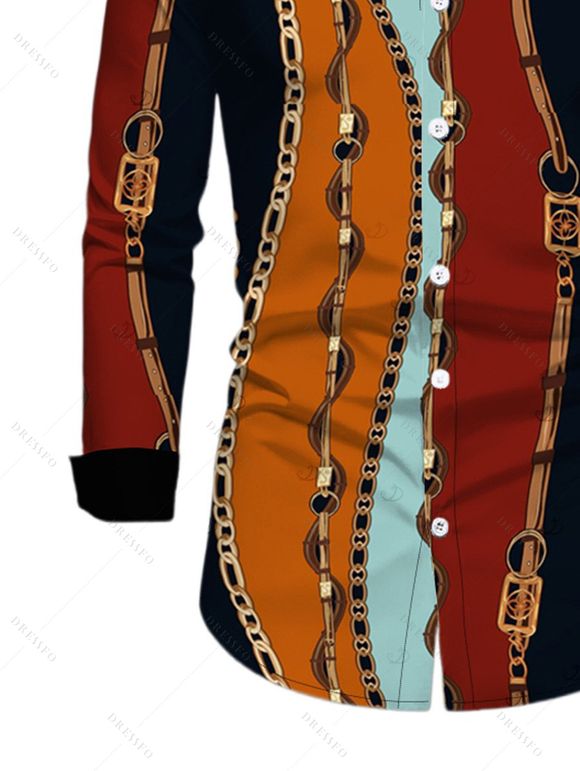 Vintage Couple Outfit Colorblock Vertical Stripe Chain Print Mesh Panel Skew Neck Bodycon Dress and Long Sleeve Shirt Set - multicolor A S | US 4