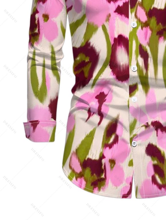 Vintage Vacation Couple Outfit Ink Painting Floral Print Mesh Panel Skew Neck Bodycon Dress and Long Sleeve Shirt Set - Rose S | US 4
