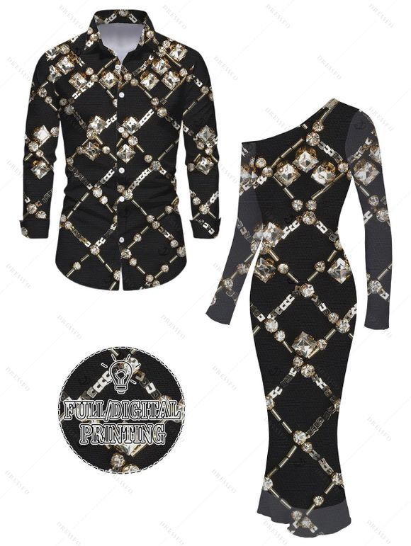 Vintage Party Couple Outfit Black Gold Chain Rhinestone Lattice Print Mesh Panel Skew Neck Bodycon Dress and Long Sleeve Shirt Set - Noir S | US 4