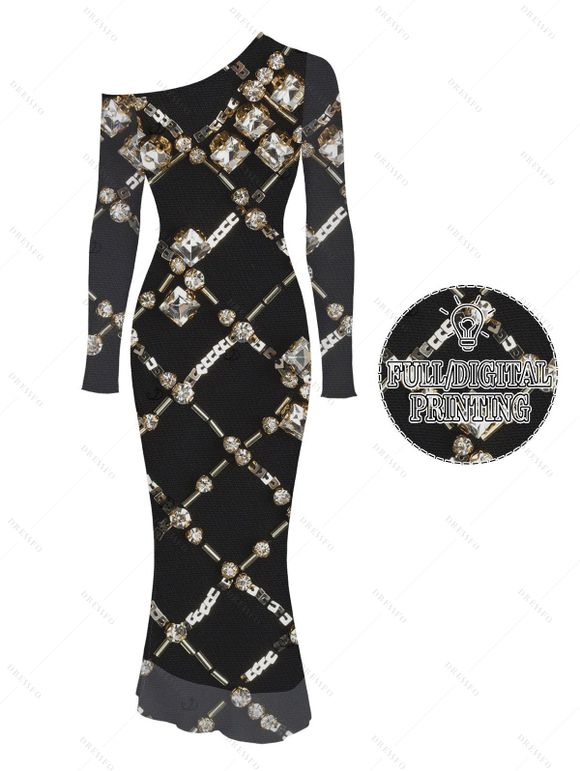 Vintage Party Couple Outfit Black Gold Chain Rhinestone Lattice Print Mesh Panel Skew Neck Bodycon Dress and Long Sleeve Shirt Set - Noir S | US 4