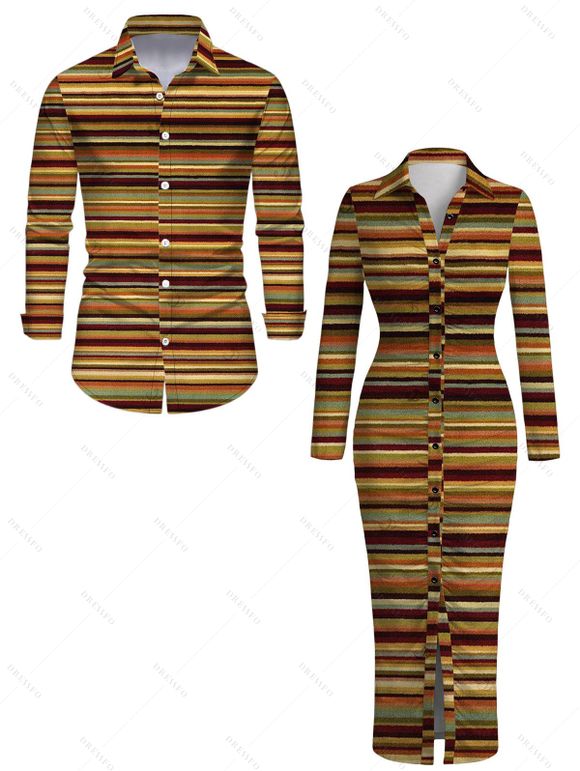 Vintage Couple Outfit Colorblock Striped Print Ruched Button Up Bodycon Shirt Dress and Long Sleeve Shirt Ethnic Set - Brun S | US 4