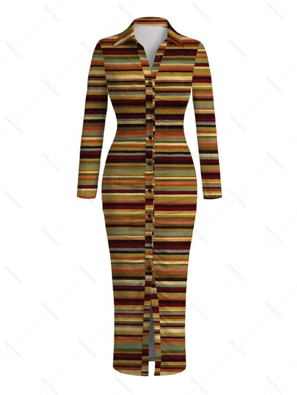 Vintage Couple Outfit Colorblock Striped Print Ruched Button Up Bodycon Shirt Dress and Long Sleeve Shirt Ethnic Set - Brun S | US 4