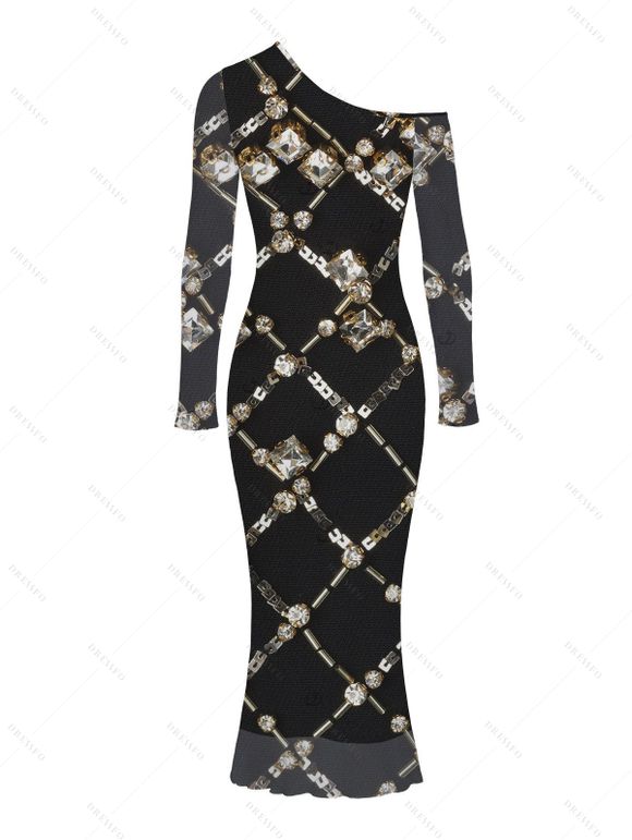 Vintage Party Couple Outfit Black Gold Chain Rhinestone Lattice Print Mesh Panel Skew Neck Bodycon Dress and Long Sleeve Shirt Set - Noir S | US 4