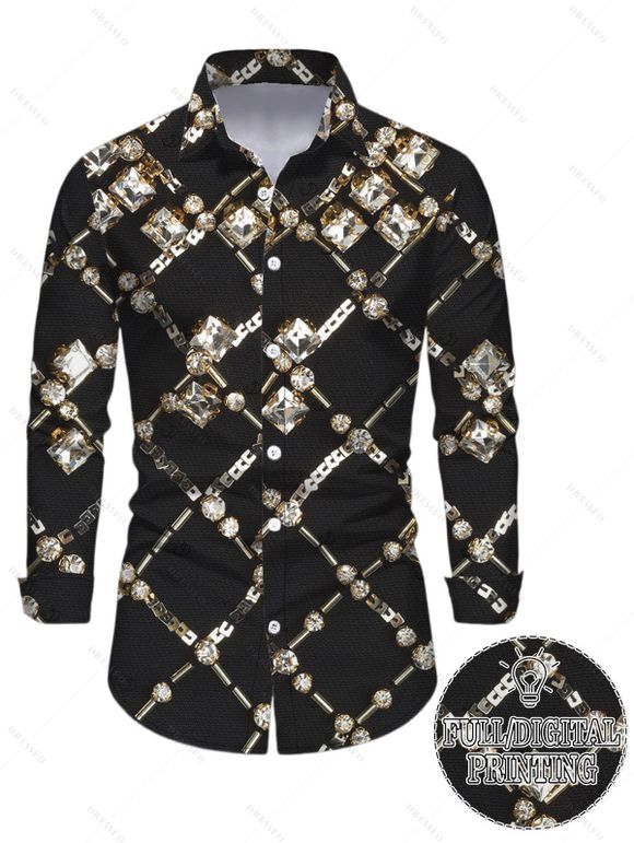 Vintage Party Couple Outfit Black Gold Chain Rhinestone Lattice Print Mesh Panel Skew Neck Bodycon Dress and Long Sleeve Shirt Set - Noir S | US 4