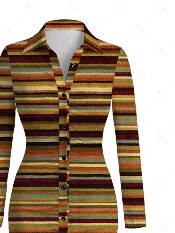 Vintage Couple Outfit Colorblock Striped Print Ruched Button Up Bodycon Shirt Dress and Long Sleeve Shirt Ethnic Set - Brun S | US 4