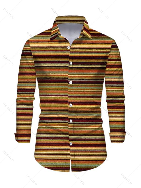 Vintage Couple Outfit Colorblock Striped Print Ruched Button Up Bodycon Shirt Dress and Long Sleeve Shirt Ethnic Set - Brun S | US 4