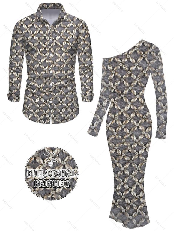 Party Vintage Couple Outfit Rhinestone Lattice Print Mesh Panel Skew Neck Bodycon Dress and Long Sleeve Shirt Set - Gris S | US 4