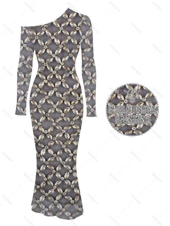 Party Vintage Couple Outfit Rhinestone Lattice Print Mesh Panel Skew Neck Bodycon Dress and Long Sleeve Shirt Set - Gris S | US 4