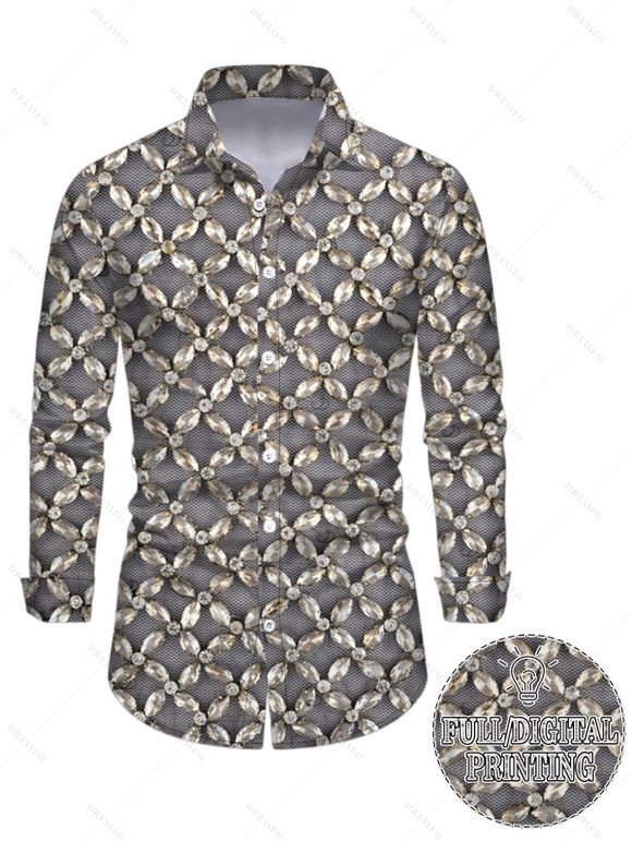 Party Vintage Couple Outfit Rhinestone Lattice Print Mesh Panel Skew Neck Bodycon Dress and Long Sleeve Shirt Set - Gris S | US 4