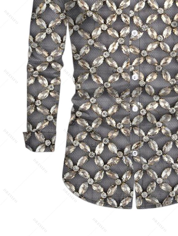 Party Vintage Couple Outfit Rhinestone Lattice Print Mesh Panel Skew Neck Bodycon Dress and Long Sleeve Shirt Set - Gris S | US 4
