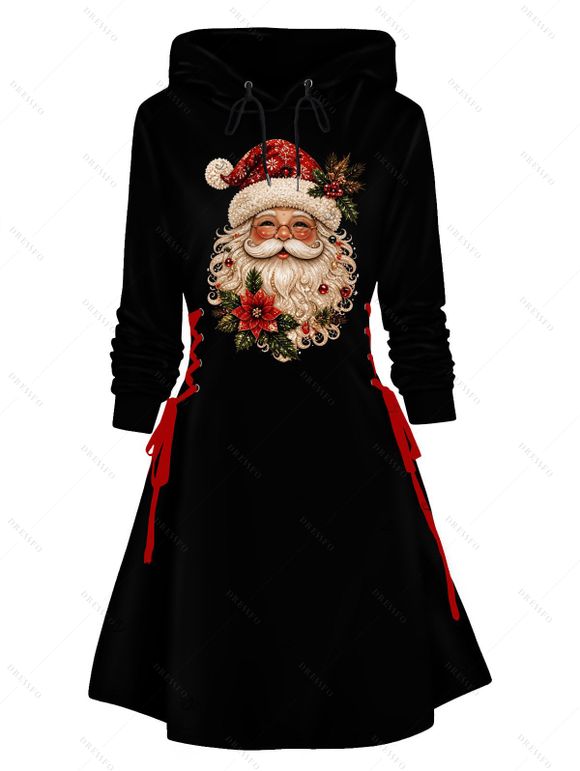 Holiday Hoodie Dress Santa Claus with Christmas Hat Floral Leaf Print Lace Up Drawstring A Line Hooded Dress - Noir S | US 4