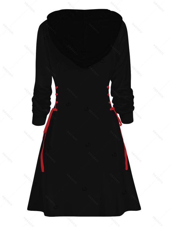 Holiday Hoodie Dress Santa Claus with Christmas Hat Floral Leaf Print Lace Up Drawstring A Line Hooded Dress - Noir S | US 4