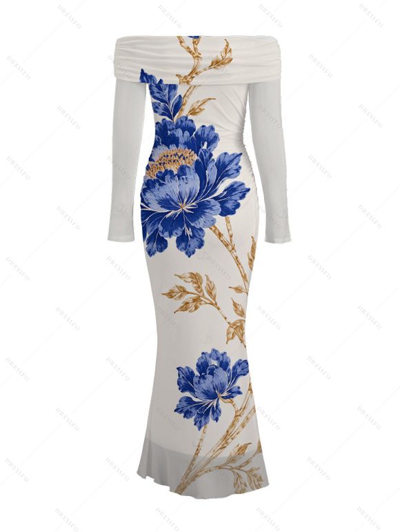 Vacation Dress Peony Floral Leaf Print Foldover Off the Shoulder Mesh Panel Long Sleeve Bodycon Dress - Abricot XXL | US 14