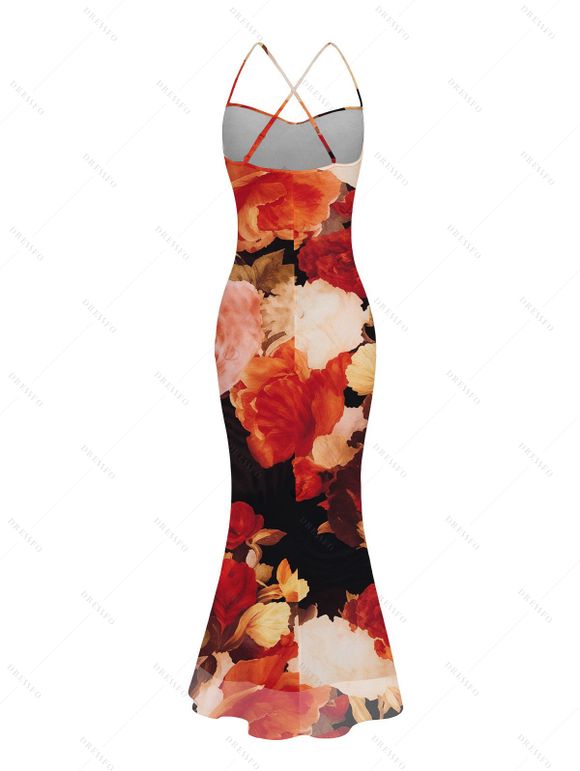 Vintage Vacation Dress Colored Rose Floral Print Draped Mesh Panel Crisscross Bodycon Dress - multicolor S | US 4