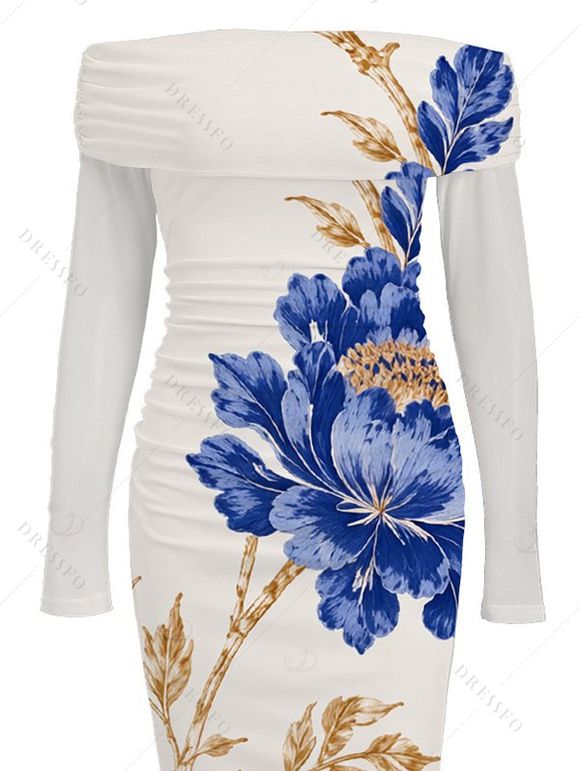 Vacation Dress Peony Floral Leaf Print Foldover Off the Shoulder Mesh Panel Long Sleeve Bodycon Dress - Abricot XXL | US 14