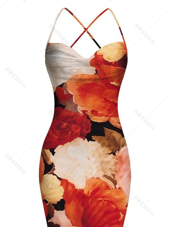 Vintage Vacation Dress Colored Rose Floral Print Draped Mesh Panel Crisscross Bodycon Dress - multicolor S | US 4