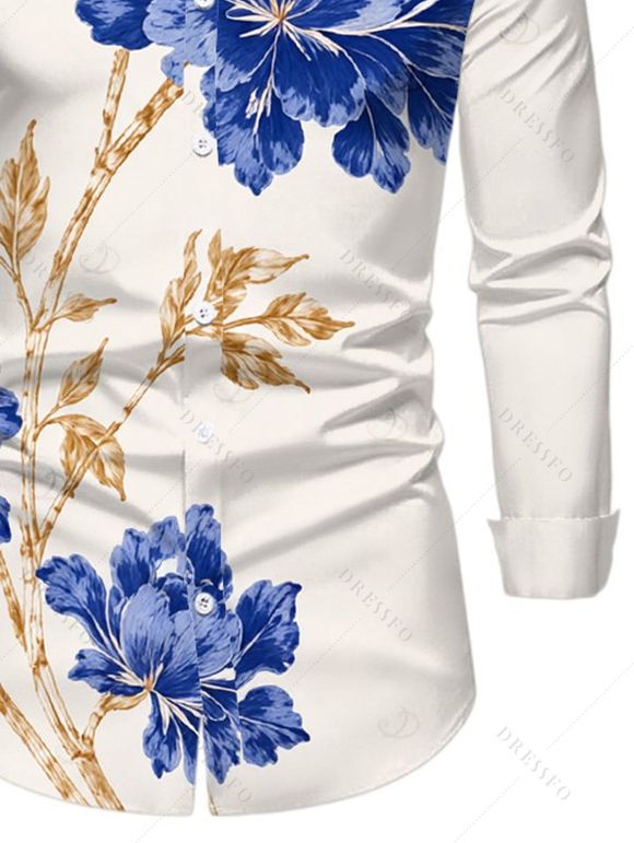 Men's Vacation Shirt Peony Floral Leaf Print Button Up Long Sleeve Shirt - Bleu 5XL