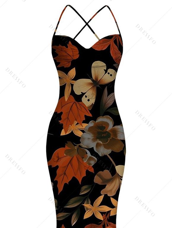 Vacation Vintage Dress Colored Maple Print Draped Mesh Panel Crisscross Bodycon Dress - multicolor S | US 4