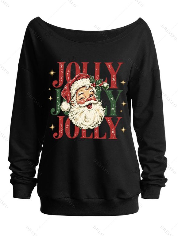 Christmas Sweatshirt Santa Claus Letter Print Skew Neck Long Sleeve Pullover Holiday Sweatshirt - Noir XL | US 12