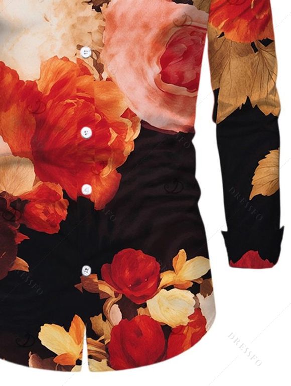 Men's Vintage Vacation Shirt Colored Rose Floral Print Button Up Long Sleeve Shirt - multicolor L