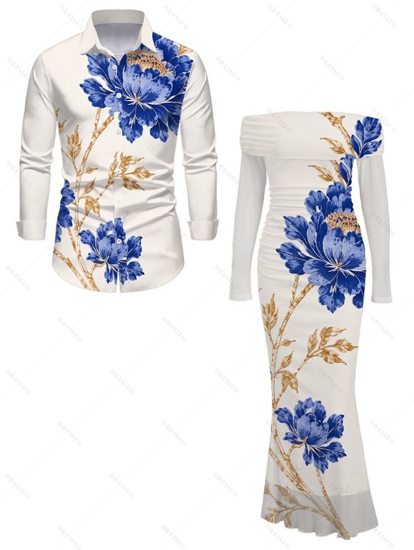 Vacation Couple Outfit Peony Floral Leaf Print Foldover Off the Shoulder Mesh Panel Bodycon Dress and Long Sleeve Shirt Set - Abricot S | US 4