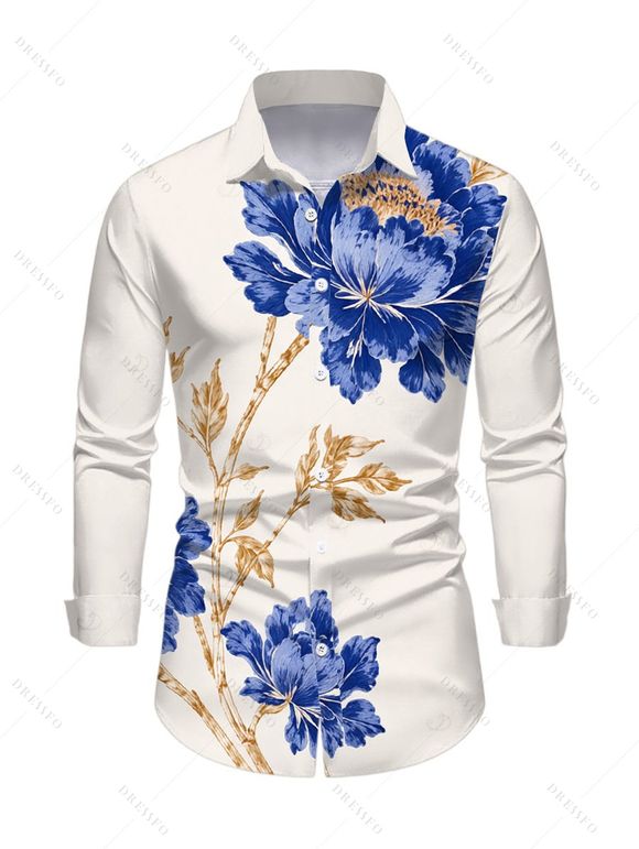 Vacation Couple Outfit Peony Floral Leaf Print Foldover Off the Shoulder Mesh Panel Bodycon Dress and Long Sleeve Shirt Set - Abricot S | US 4