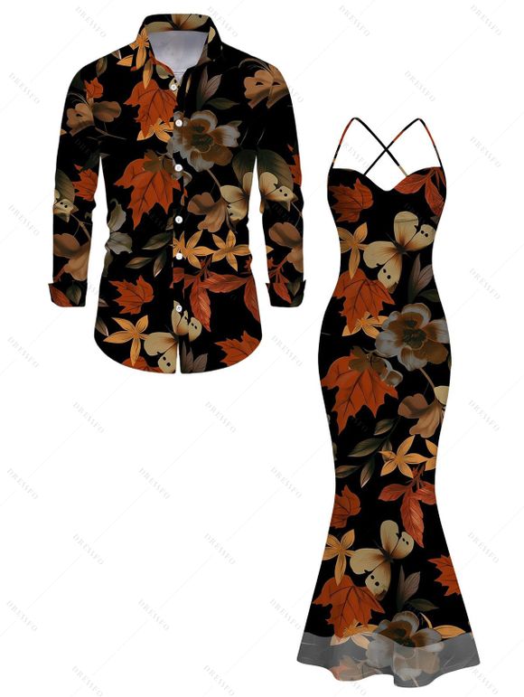 Vacation Vintage Couple Outfit Colored Maple Print Draped Mesh Panel Crisscross Bodycon Dress and Long Sleeve Shirt Set - Noir S | US 4