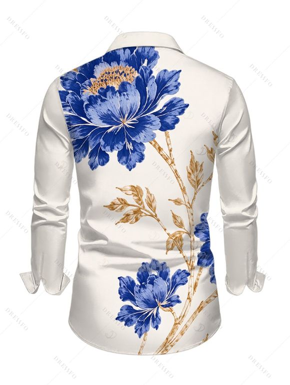 Vacation Couple Outfit Peony Floral Leaf Print Foldover Off the Shoulder Mesh Panel Bodycon Dress and Long Sleeve Shirt Set - Abricot S | US 4