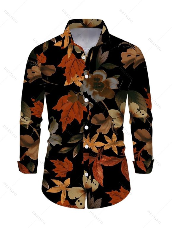 Vacation Vintage Couple Outfit Colored Maple Print Draped Mesh Panel Crisscross Bodycon Dress and Long Sleeve Shirt Set - Noir S | US 4