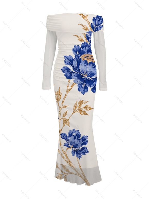 Vacation Couple Outfit Peony Floral Leaf Print Foldover Off the Shoulder Mesh Panel Bodycon Dress and Long Sleeve Shirt Set - Abricot S | US 4