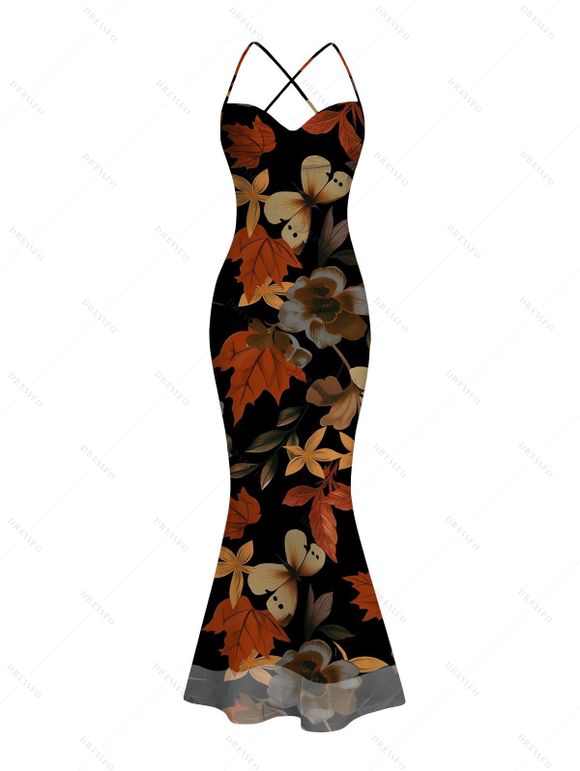 Vacation Vintage Couple Outfit Colored Maple Print Draped Mesh Panel Crisscross Bodycon Dress and Long Sleeve Shirt Set - Noir S | US 4