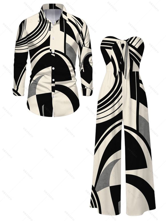 Casual Couple Outfit Abstract Geometric Print Bowknot Pocket Off the Shoulder Jumpsuit and Long Sleeve Shirt Set - Noir S | US 4