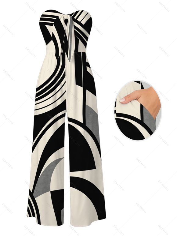 Casual Couple Outfit Abstract Geometric Print Bowknot Pocket Off the Shoulder Jumpsuit and Long Sleeve Shirt Set - Noir S | US 4
