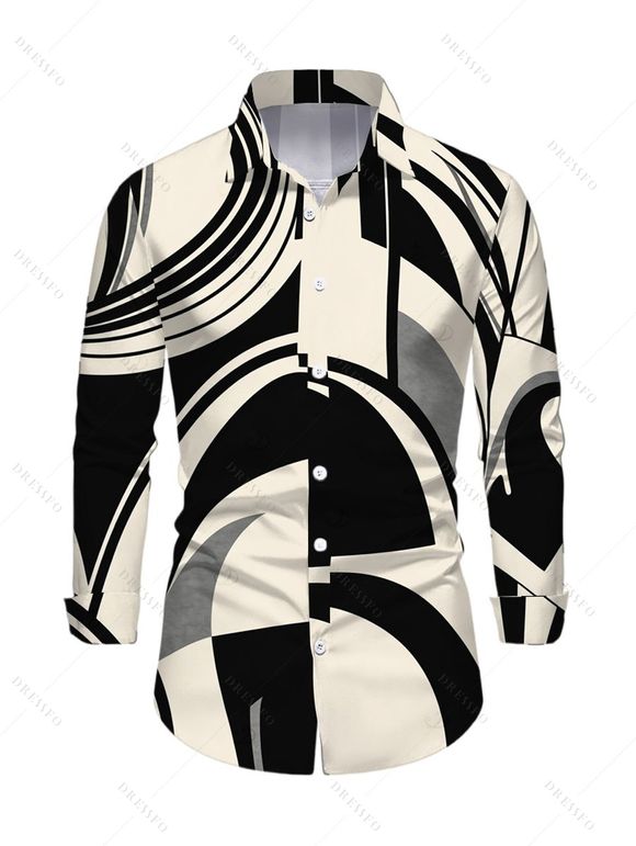 Casual Couple Outfit Abstract Geometric Print Bowknot Pocket Off the Shoulder Jumpsuit and Long Sleeve Shirt Set - Noir S | US 4
