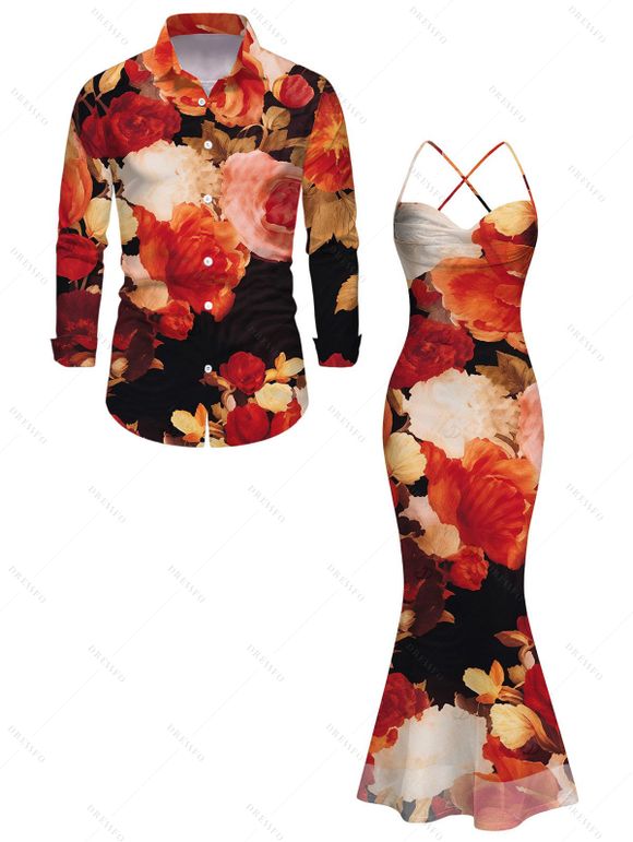Vintage Vacation Couple Outfit Colored Rose Floral Print Draped Mesh Panel Crisscross Bodycon Dress and Long Sleeve Shirt Set - multicolor S | US 4