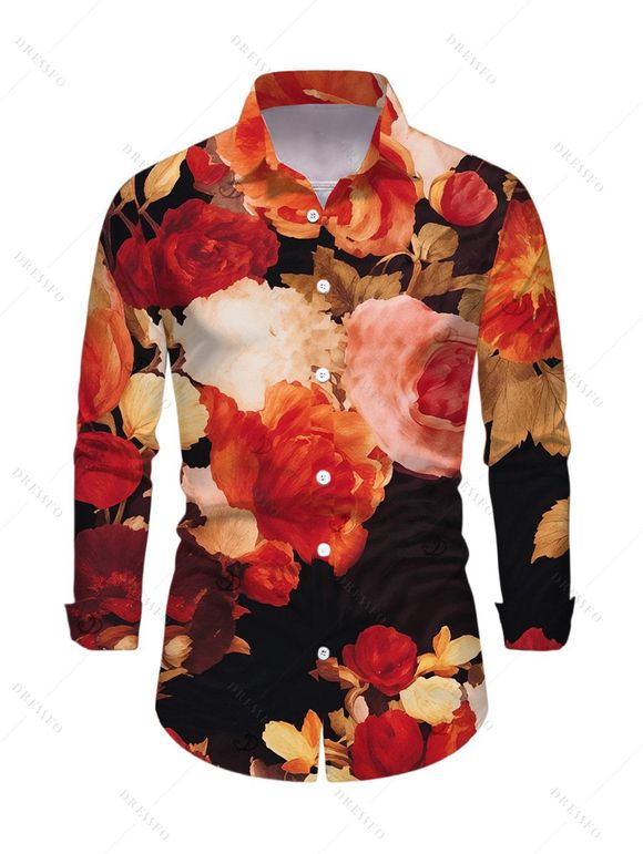 Vintage Vacation Couple Outfit Colored Rose Floral Print Draped Mesh Panel Crisscross Bodycon Dress and Long Sleeve Shirt Set - multicolor S | US 4