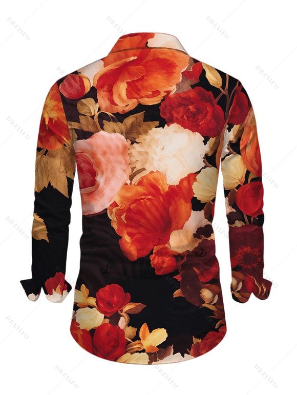 Vintage Vacation Couple Outfit Colored Rose Floral Print Draped Mesh Panel Crisscross Bodycon Dress and Long Sleeve Shirt Set - multicolor S | US 4