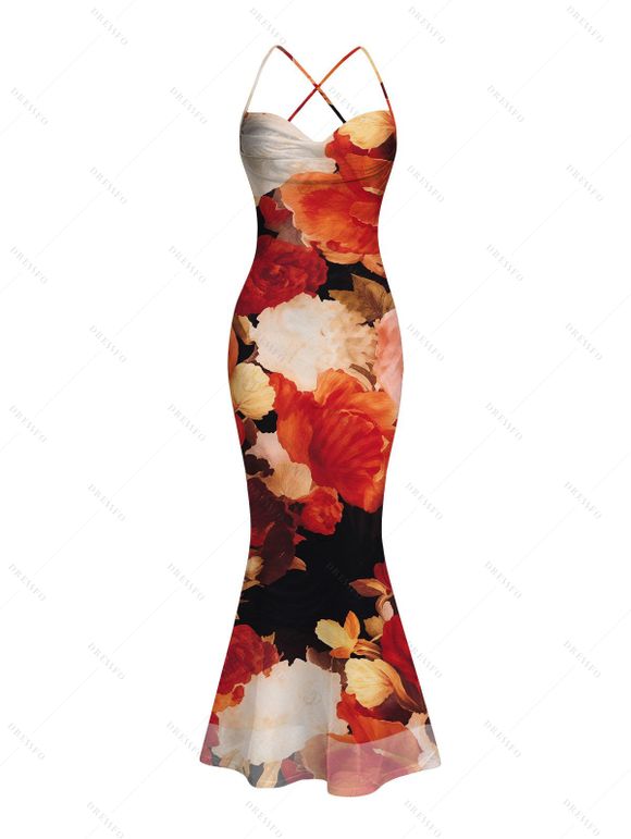 Vintage Vacation Couple Outfit Colored Rose Floral Print Draped Mesh Panel Crisscross Bodycon Dress and Long Sleeve Shirt Set - multicolor S | US 4