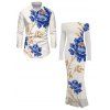 Vacation Couple Outfit Peony Floral Leaf Print Foldover Off the Shoulder Mesh Panel Bodycon Dress and Long Sleeve Shirt Set - Abricot S | US 4