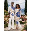 Vacation Couple Outfit Peony Floral Leaf Print Foldover Off the Shoulder Mesh Panel Bodycon Dress and Long Sleeve Shirt Set - Abricot S | US 4