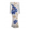 Vacation Couple Outfit Peony Floral Leaf Print Foldover Off the Shoulder Mesh Panel Bodycon Dress and Long Sleeve Shirt Set - Abricot S | US 4